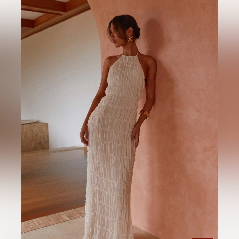 Peppermayo Cream Strapless Textured Halter Maxi Dress